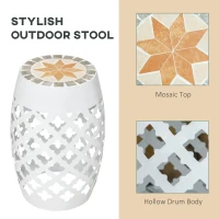 Outsunny Decorative Outdoor Stool, 12" Round Patio Side Table, Mosaic Accent Plant Stand for Garden, Balcony, White(m-4)