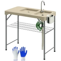 Outsunny Folding Fish Cleaning Table with Sinks, Portable Camping Sink Table with Faucet, Drainage Hose, Sprayer, Shelf(m-11)