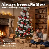 HOMCOM 6ft Prelit Christmas Tree Spruce, Remote, Hinged, Artificial Xmas Tree with 8 Modes, 800 Tips, 200 LEDs, Green Red(m-4)