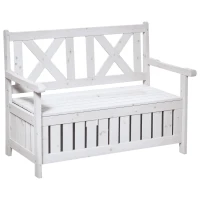 Outsunny Wooden Outdoor Storage Bench 2-Person Backyard Patio Bench with Louvered Side Panels & Wood Build, White(m-1)