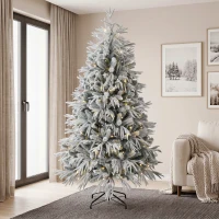 HOMCOM 6ft Prelit Flocked Christmas Tree, Artificial Norfolk Pine Downswept Hinged Xmas Tree with 250 LEDs, Green and White(m-8)