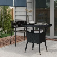 Outsunny Φ31.5" Outdoor Wicker Dining Table, PE Rattan Patio Furniture with 2-Tier Storage Shelf, Metal Frame Round Garden Table with Glass Top Table, Black(m-1)