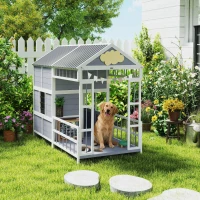 PawHut 79"L Large Dog House Outdoor, Wooden Dog Kennel with Porch, Storage Cabinet,Weatherproof Roof, Windows(m-15)