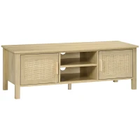 HOMCOM Boho TV Stand for 60 Inch Television, Entertainment Center with Rattan Door, Adjustable Shelf, and Storage Cabinets, Wood TV Console Cabinet for Living Room, Bedroom, Natural Wood(m-1)