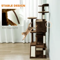 PawHut 63" Cat Tree, Multi-Level Cat Tower with Scratching Posts, Cat Condos, Bed, Platforms, Ramp, Toy Ball, Light Brown(m-7)