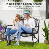 Outsunny Metal Park Bench for Front Porch, Loveseat Like 2 Person, Armrests, Steel Frame, European Antique Style Outdoor Furniture, Black(m-5)