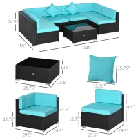 Outsunny 7 Piece Patio Furniture Set, Wicker Outdoor Sectional Sofa Set, All Weather PE Rattan Outdoor Furniture Conversation Sets with Cushions, Glass Top Coffee Table, Pillows, Turquoise(m-3)