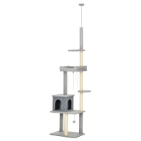 PawHut Cat Tree Floor to Ceiling Cat Tower Height Adjustable( 85-101 Inches), Tall Large Cat Climbing Activity Center with Scratching Posts Cat Condo Cozy Bed, Grey(m-2)