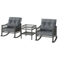Outsunny 3 Piece Outdoor PE Rattan Rocker Chair Set, Rocking Chair with Tempered Glass Table Top, Gray(m-1)