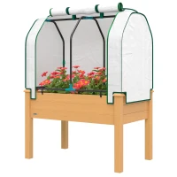 Outsunny Raised Garden Bed with PE Greenhouse Cover Outdoor Planter Box for Herbs and Vegetables, 35 x 22 x 47 inch, Sand(m-1)