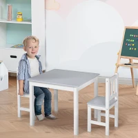 Qaba Kids 3 Piece Table and Chair Set Ideal for Arts, Meals, Lightweight Wooden Homework Activity Center, Toddlers Age 3+, Grey(m-2)
