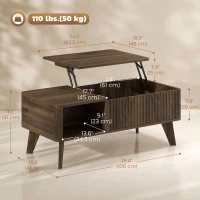 HOMCOM 40" Fluted Lift Top Coffee Table with Storage, Mid-Century Coffee Table with Hidden Compartment, Open Shelf, Walnut(m-3)