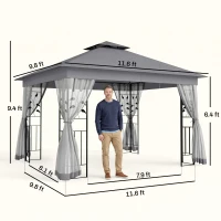 Outsunny 10' x 11.5' Metal Patio Gazebo, Double Roof Outdoor Gazebo Canopy Shelter w/Tree Motifs Corner Frame and Netting, Gray(m-3)