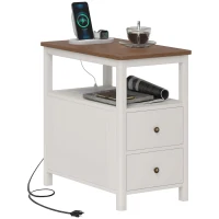 HOMCOM Side Table with Charging Station and USB Ports, Narrow End Table with Drawers, Shelf for Living Room, White(m-11)