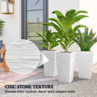 Outsunny 22.8 Inch Set of 3 Outdoor Planters with Stone Finish and Wheels, Stackable Tapered Planters with Drainage Hole, White(m-5)