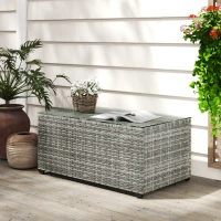 Outsunny Wicker Outdoor Coffee Table, PE Wicker Rectangular Patio Table with Tempered Glass Top for Garden, Balcony, Light Grey(m-8)