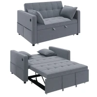 HOMCOM 3‑in‑1 Convertible Sofa Bed, Pull Out Sleeper Sofa with USB Charging, Adjustable Backrest, Side Pockets, Dark Grey(m-9)