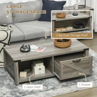HOMCOM Farmhouse Coffee Table with Storage and Drawer, Rustic Coffee Table for Living Room, Open Shelf, Gray Oak(m-4)