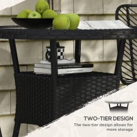 Outsunny Φ31.5" Outdoor Wicker Dining Table, PE Rattan Patio Furniture with 2-Tier Storage Shelf, Metal Frame Round Garden Table with Glass Top Table, Black(m-5)