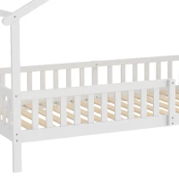 Qaba Twin Bed Frame, Solid Wood Montessori House Bed with Roof, Safety Guardrail for Girls Boys, No Box Spring Needed, White(m-9)