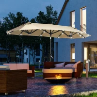 Outsunny 10FT Double-Sided Patio Umbrella with Solar Lights and Sandbag Base, Outdoor Umbrella with Push Button Tilt, Crank, Air Vents for Garden, Backyard, Deck, Pool, Market, Cream White(m-10)