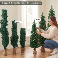 HOMCOM Artificial Pencil Christmas Tree Set of 3, Pre-Lit Christmas Trees with PVC Tips and Warm White LED Lights, Green(m-7)