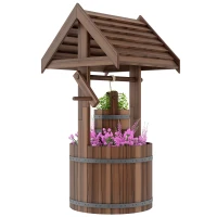 Outsunny Wood Wishing Well Outdoor Wooden Planter with Hanging Bucket and Drainage Hole for Garden, Patio, Backyard, Tan(m-9)
