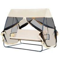 Outsunny 3-Seat Outdoor Swing Chair, Porch Swing, Chaise Lounger Bed, Garden Hammock, Converting Flat Bed with Heavy-Duty Steel Stand, Canopy and Netting Walls, Beige(m-11)