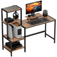 HOMCOM Computer Desk, 59" CPU Desk with Monitor Stand, Reversible 4-Tier Shelf, Industrial Writing Desk for Study Room, Brown(m-11)