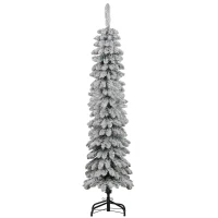 HOMCOM 5' Tall Unlit Slim Pencil Xmas Tree, Snow-Flocked Artificial Christmas Tree with Realistic Branches and 301 Tips, Green(m-11)