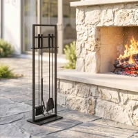 Outsunny Fireplace Tools Set 5 Pieces Metal Fire Place Kit with Brush, Shovel, Poker, A Pair of Tongs, Stand, Black(m-1)