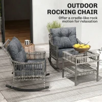 Outsunny 3 Piece Outdoor PE Rattan Rocker Chair Set, Rocking Chair with Tempered Glass Table Top, Gray(m-4)