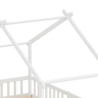 Qaba Twin Bed Frame, Solid Wood Montessori House Bed with Roof, Safety Guardrail for Girls Boys, No Box Spring Needed, White(m-12)