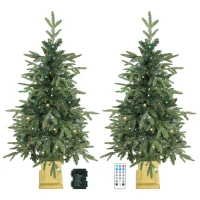 HOMCOM 4ft Prelit Christmas Tree with Dual-Color LEDs, Remote, Set of 2 Aspen Fir, Battery-Operated, 11 Modes, Decorative Pot(m-11)