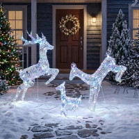 Outsunny 3-Piece Lighted Reindeer Family Set, Iridescent Outdoor Christmas Decoration, Deer Family with 8 Modes, Daily Timer(m-1)