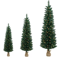 HOMCOM Artificial Pencil Christmas Tree Set of 3, Pre-Lit Christmas Trees with PVC Tips and Warm White LED Lights, Green(m-13)