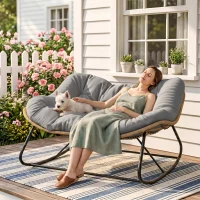 Outsunny Indoor Outdoor Double Papasan Rocking Chair, Oversized Rocking Egg Chair with Cushion for Garden, Patio, Gray(m-10)