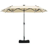 Outsunny 10FT Double-Sided Patio Umbrella with Solar Lights and Sandbag Base, Outdoor Umbrella with Push Button Tilt, Crank, Air Vents for Garden, Backyard, Deck, Pool, Market, Cream White(m-11)