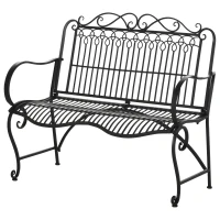 Outsunny Metal Park Bench for Front Porch, Loveseat Like 2 Person, Armrests, Steel Frame, European Antique Style Outdoor Furniture, Black(m-16)