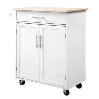 HOMCOM Kitchen Island Cart, Rolling Island Table with Solid Wood Top, Trolley Cart with Drawer, Storage Cabinet & Towel Rack, White(m-11)