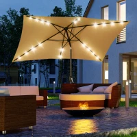 Outsunny 6.5x10ft Patio Umbrella Rectangle Solar Powered Tilt Aluminum Outdoor Market Parasol with LEDs Crank (Light Coffee)(m-8)