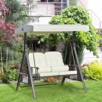 Outsunny 2-Person Patio Swing Bench with Adjustable Shade Canopy, Soft Cushions, Throw Pillows and Tray, Beige.(m-10)