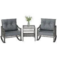 Outsunny 3 Piece Outdoor PE Rattan Rocker Chair Set, Rocking Chair with Tempered Glass Table Top, Gray(m-11)