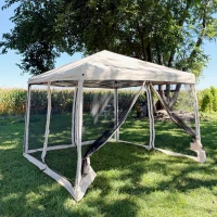 Outsunny 10' x 10' Pop Up Canopy Tent Gazebo, Foldable Canopy Tent with Zipper Mesh Sidewalls and Carry Bag, Easy Setup Screen Shelter for Backyard Patio Outdoor, Beige(m-9)