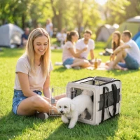 PawHut Pet Carrier Bag, Soft-Sided Dog Carrier with Bottom Board and Mesh Windows, Foldable Pet Travel Bag, Grey(m-1)