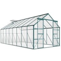 Outsunny 16' x 8' Aluminum Greenhouse Polycarbonate Walk-in Garden Greenhouse Kit with Adjustable Roof Vent, Rain Gutter and Sliding Door for Winter, Clear