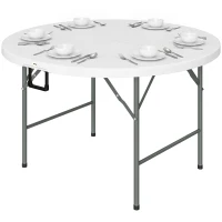 Outsunny Φ48" Folding Patio Table, Outdoor HDPE Picnic Table, Card Table for 6, Round Folding Banquet with Metal Frame, White(m-2)