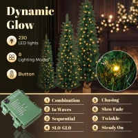 HOMCOM Artificial Pencil Christmas Tree Set of 3, Pre-Lit Christmas Trees with PVC Tips and Warm White LED Lights, Green(m-5)