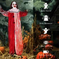 Outsunny Life Size Halloween Animated Clown with Red Light Up Eyes, Sound Activated Scary Halloween Decorations, Battery Operated(m-6)
