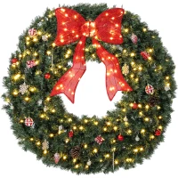 HOMCOM Artificial Xmas Wreath, 48 Inch Pre-Lit Christmas Wreath with 200 LED Lights, Lighted Bow and 31 Ornament Set, Green(m-13)